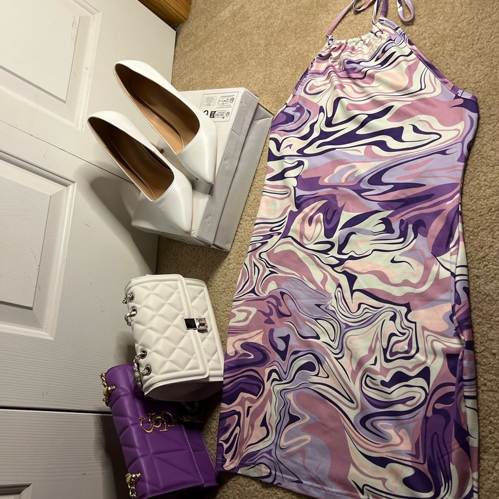 Swirl Print Halter Dress with White and Purple Accessories